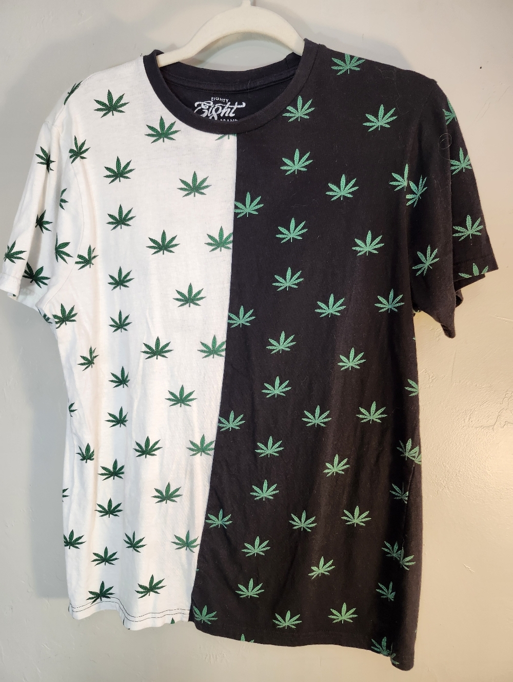 Eighty Eight Unisex Split Black & White Tee with Green Leaf Print